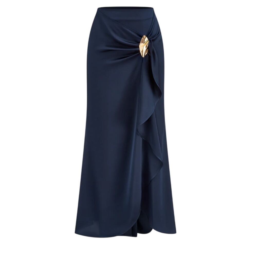 Commense Satin Asymmetric Ruffle Maxi Skirt XL Navy Gold Detail NWT Quiet Luxury